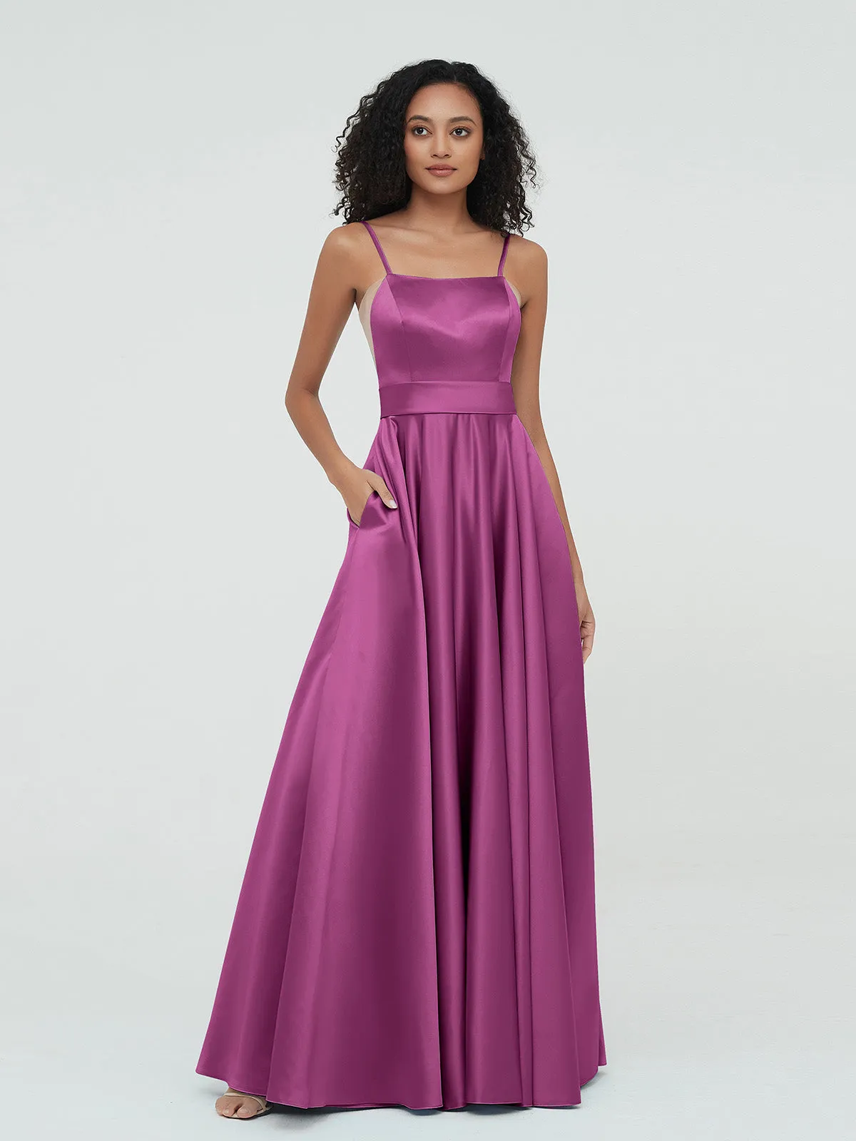 A-ligne Bretelles Spaghetti Robes Maxi en Satin Orchidee Grande Taille
