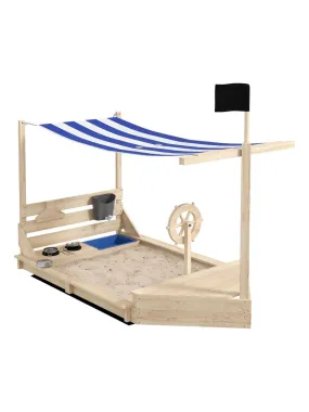Bac à sable bateau de pirate en bois avec jeu de cuisine et 6 accessoires - Beige