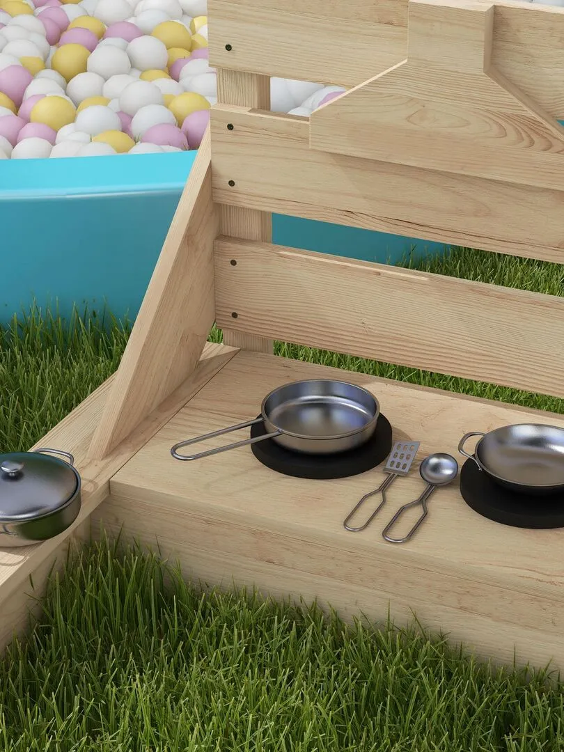 Bac à sable bateau de pirate en bois avec jeu de cuisine et 6 accessoires - Beige