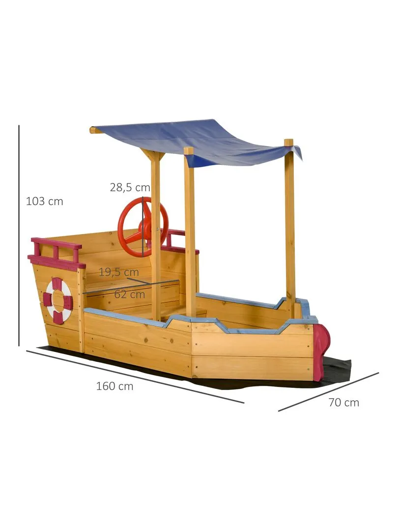 Bac à sable bateau de pirate en bois avec voile d'ombrage - Orange