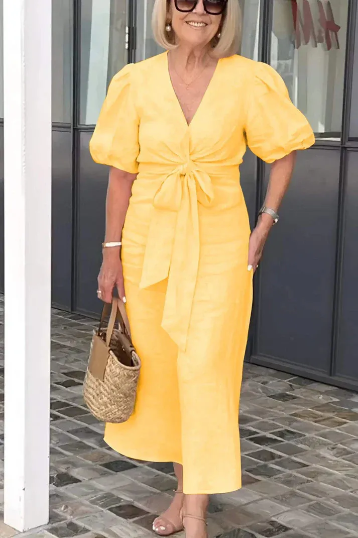 BelleRue - Robe en coton avec col en V et manches bouffantes