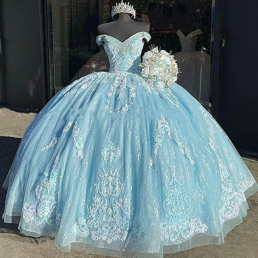 Bleu Ciel Quinceanera Robes Dentelle Appliques Perlées Épaule Douce 16 Robe Grande Taille Robes De Soirée De Bal Du 137,72 € | D