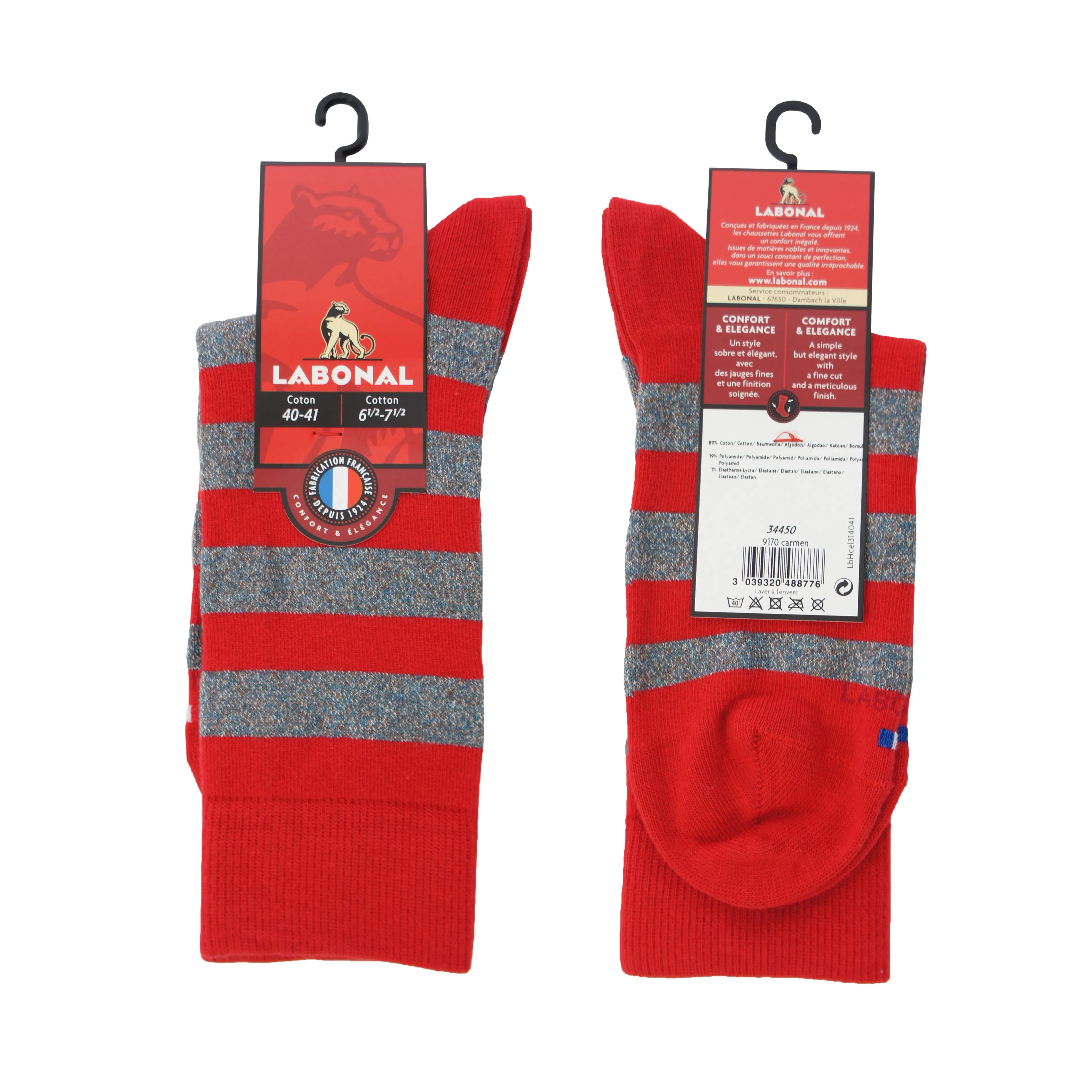 Chaussette rayée rouge - Labonal : vente chaussettes pour hommes La...