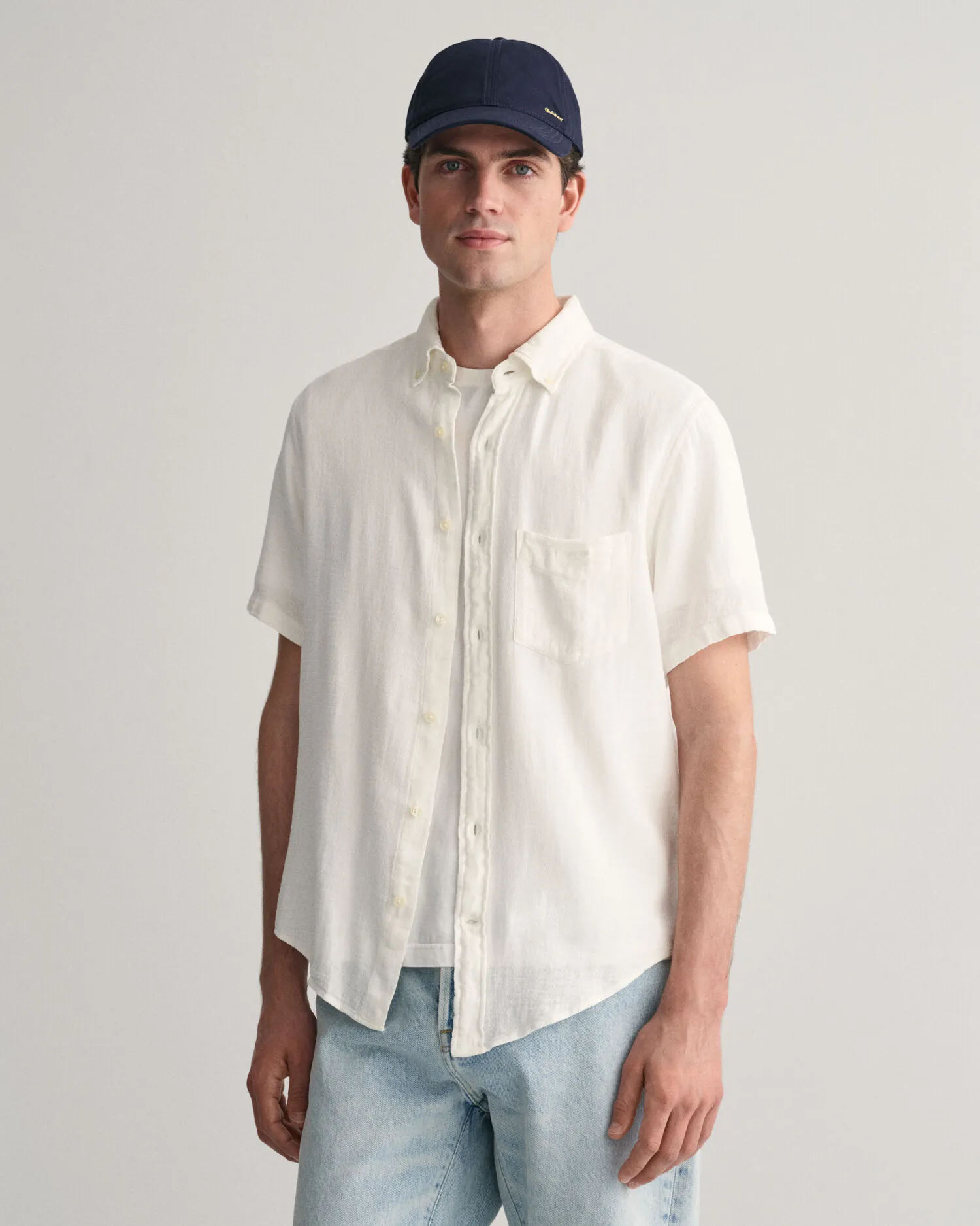 Chemise regular fit texturée en coton et lin à manches courtes