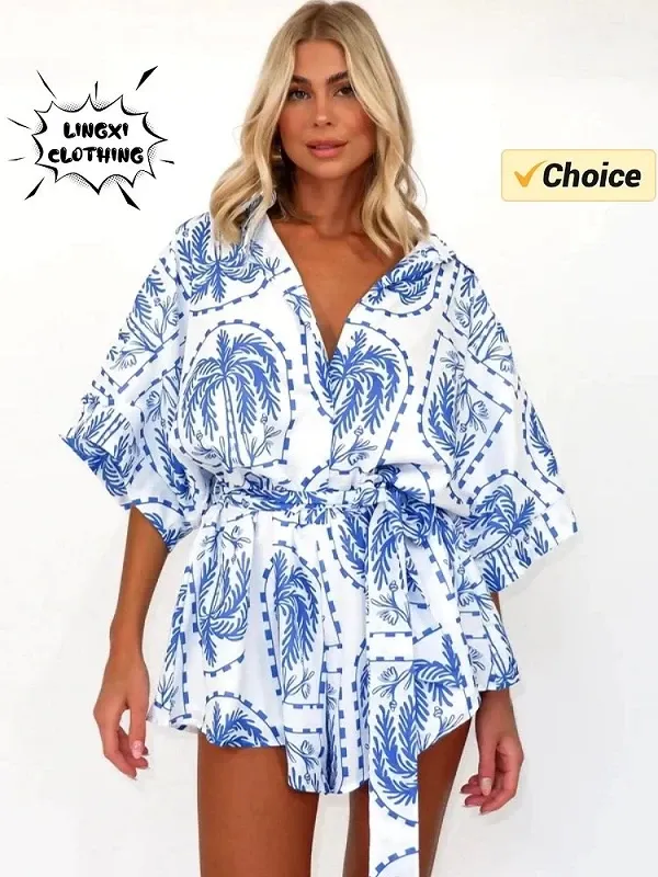 Combinaison courte imprimée pour femme, taille haute et revers, semi-ouverte vacances, vêtements pour femmes, mode estivale