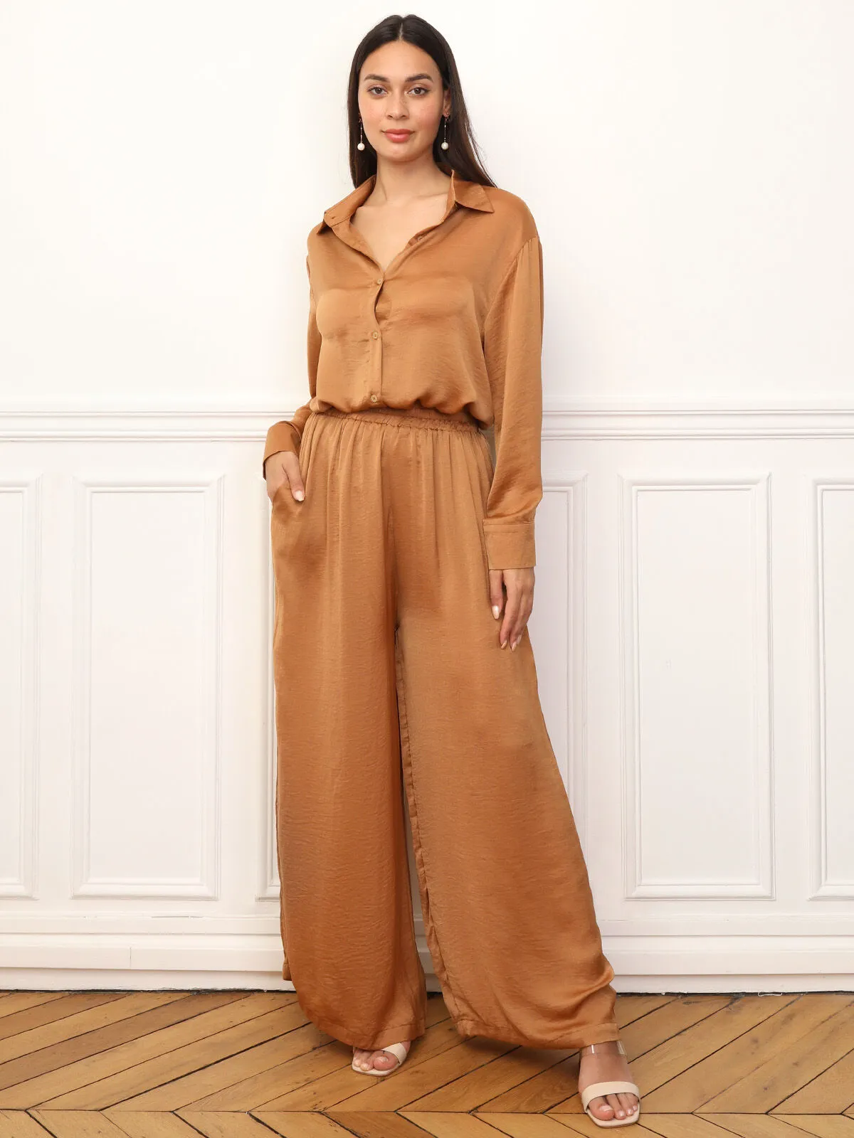 Ensemble chemise pantalon satinés- Camel