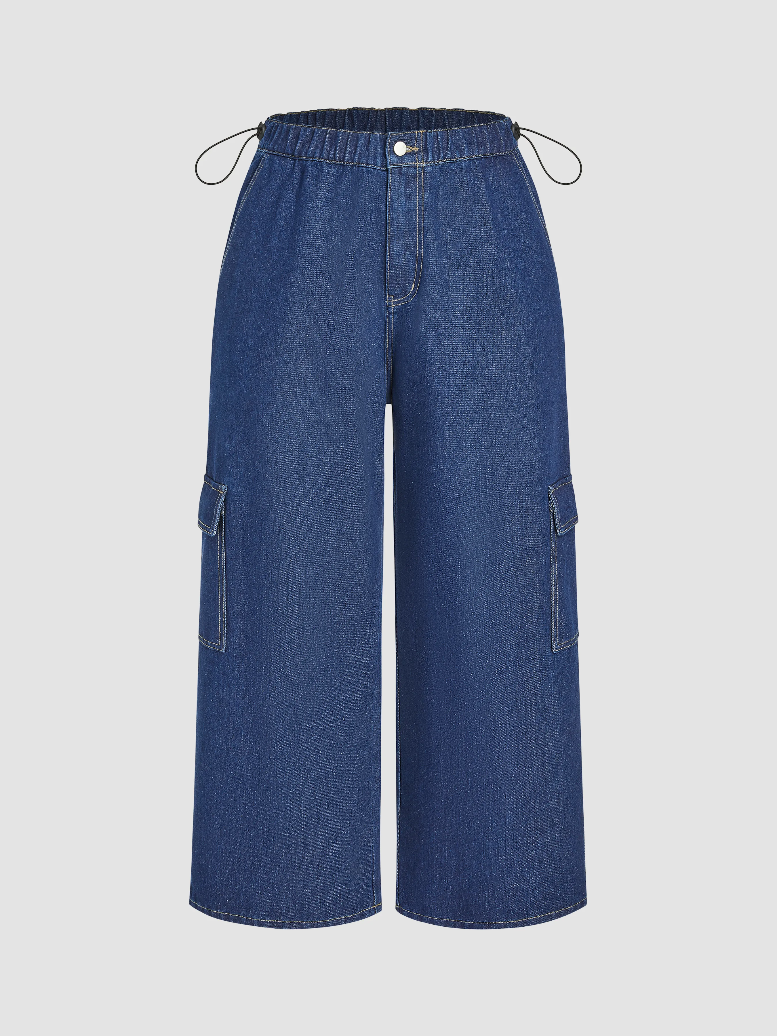  Jeans en Denim Taille Moyenne Unie à Cordon de Serrage Jambe Droite Curve & Plus