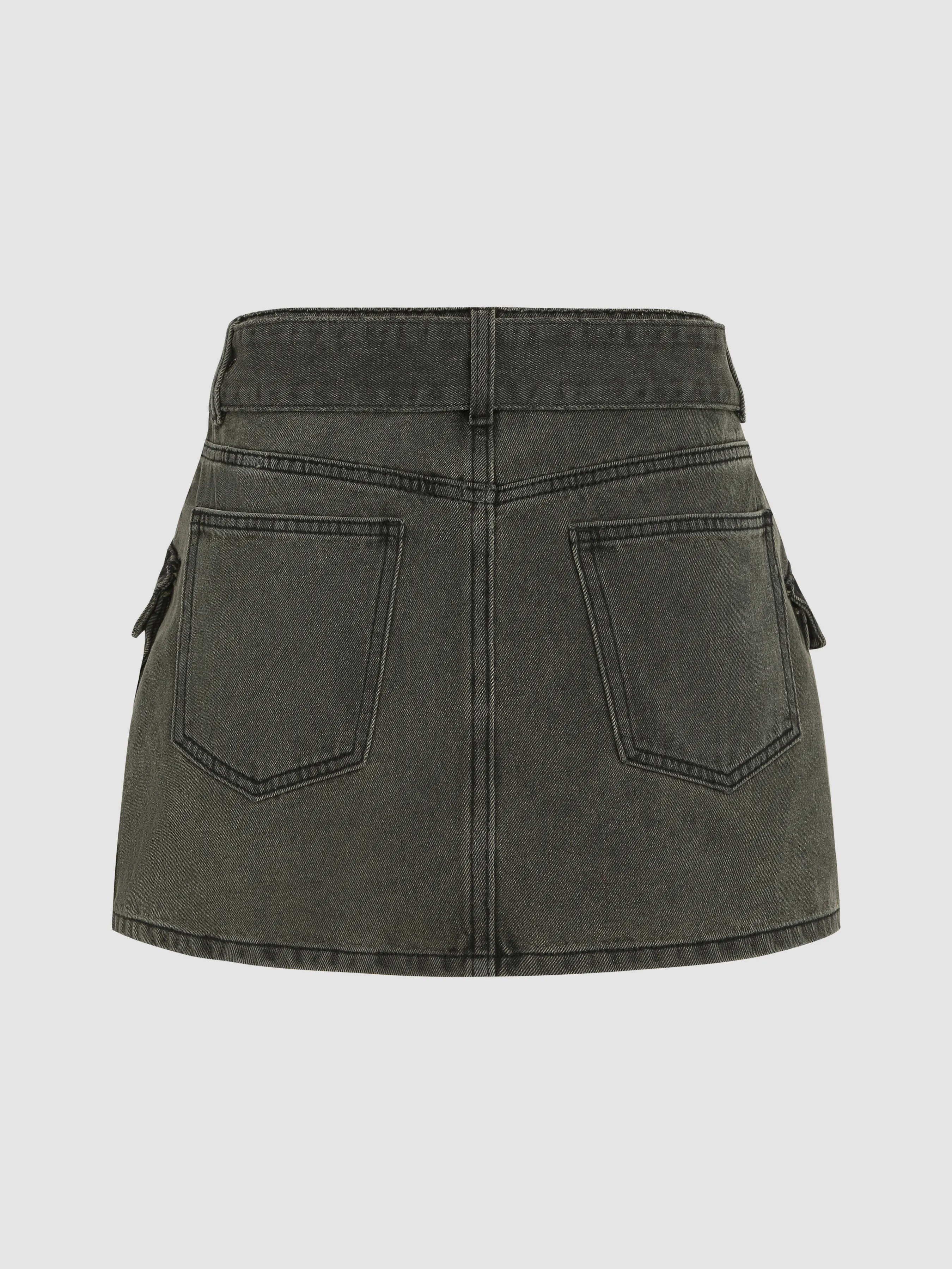  Jupe Cargo Ceinturée à Poche Taille Basse en Denim