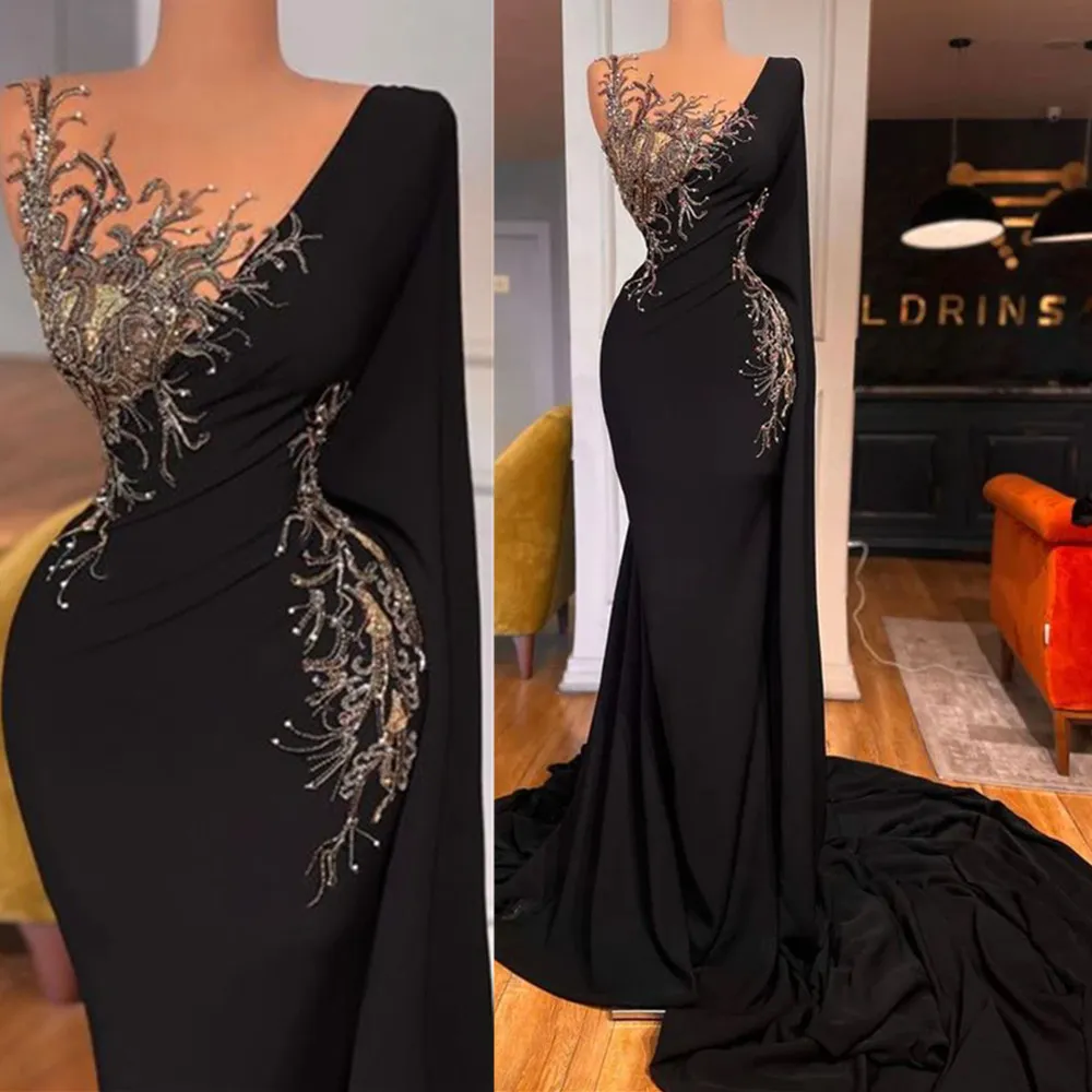Luxe Noir Une Épaule Sirène Robes De Bal Manches Longues Simples Paillettes Brillant Femmes Satin Longue Soirée Robes De Reconst