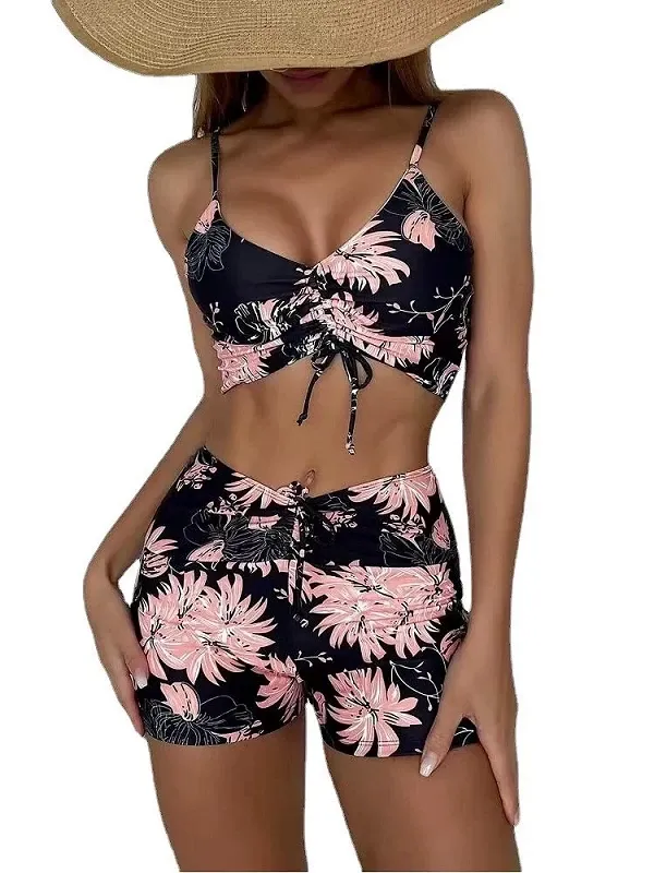Maillot de bain imprimé floral, taille haute, soutien-gorge push up, bikini, boxer, pour femmes, vêtements de plage, 2023