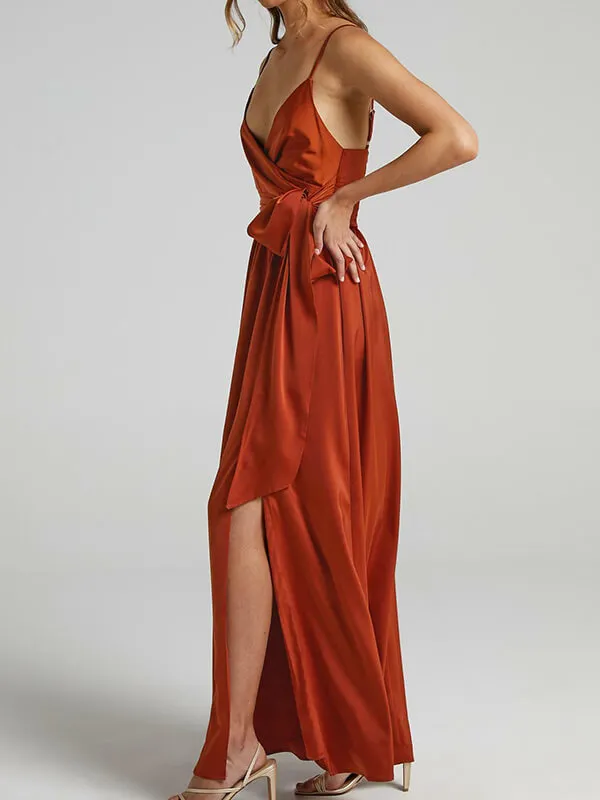 Mode Robe Bal de Promo Longue en Satin Col V avec Bretelles Fines