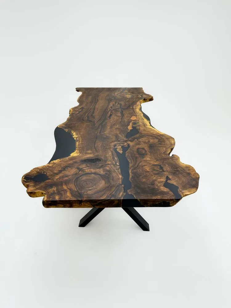 Monoblock black walnut epoxy resin dining table