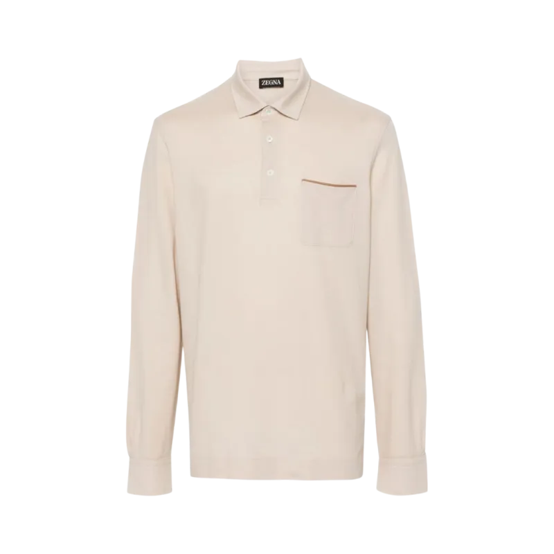 Polo coton beige poche poitrine ganse cuir marron