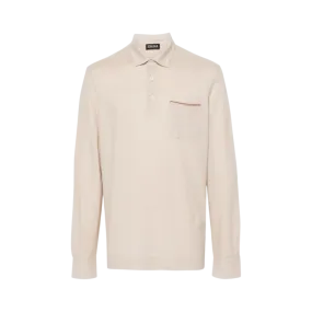 Polo coton beige poche poitrine ganse cuir marron