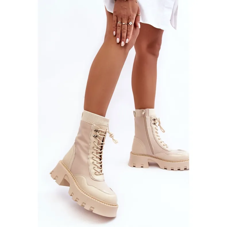 PS1 Bottines de travail épaisses en cuir beige pour femmes Seloma