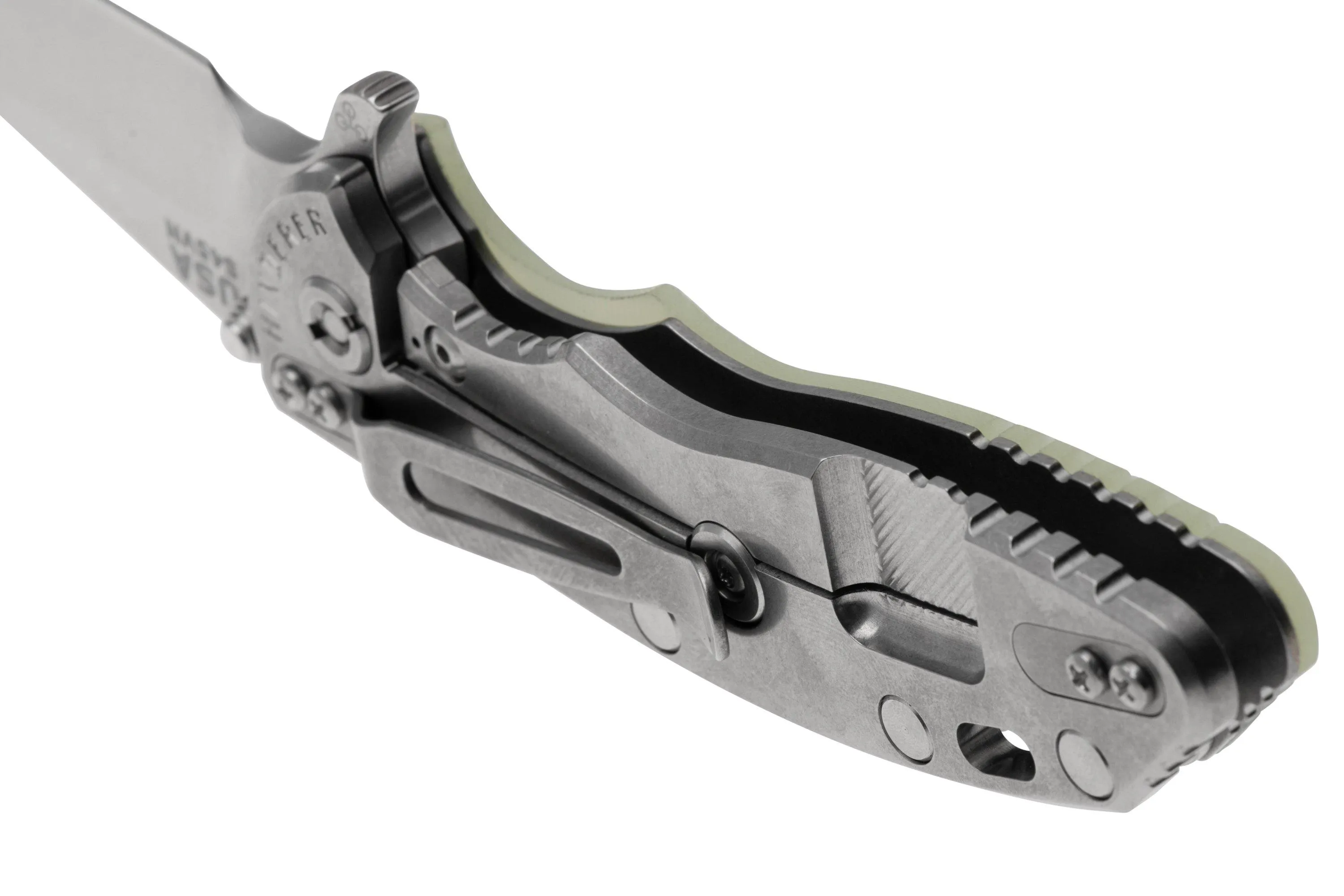 Rick Hinderer XM-18 3.5 in. S45VN Fatty Wharncliffe Tri-Way, Stonewashed, Translucent Green G10 couteau de poche