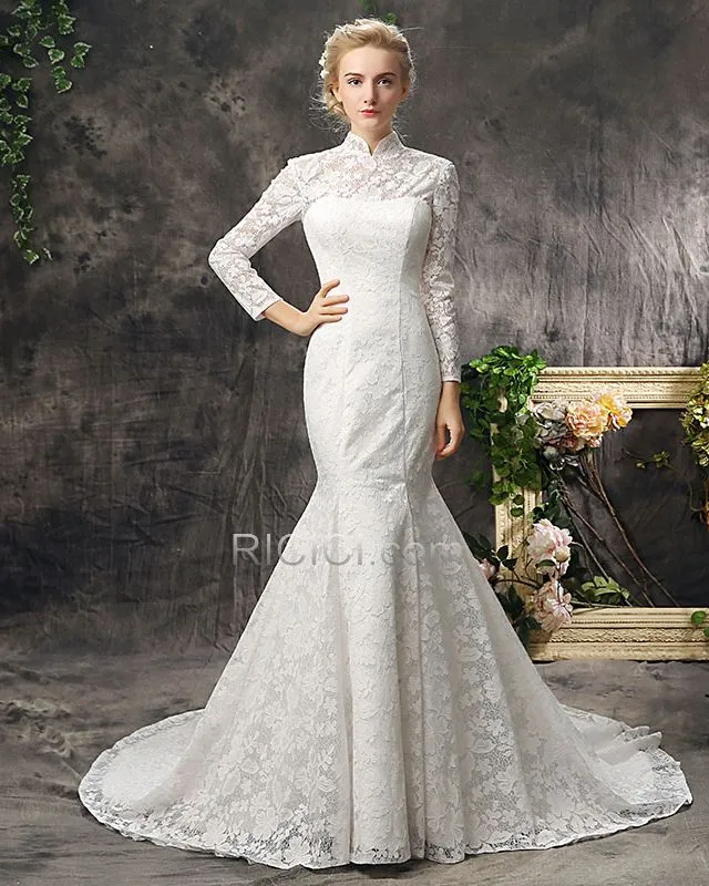 Robe De Mariée Droite Sirène Col Haut Dos Nu Dentelle Longue Avec La Queue Blanche Modeste Élégant