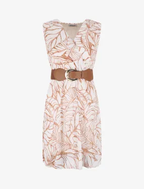 Robe élastiquée sans manches imprimé feuillage irisé - Beige