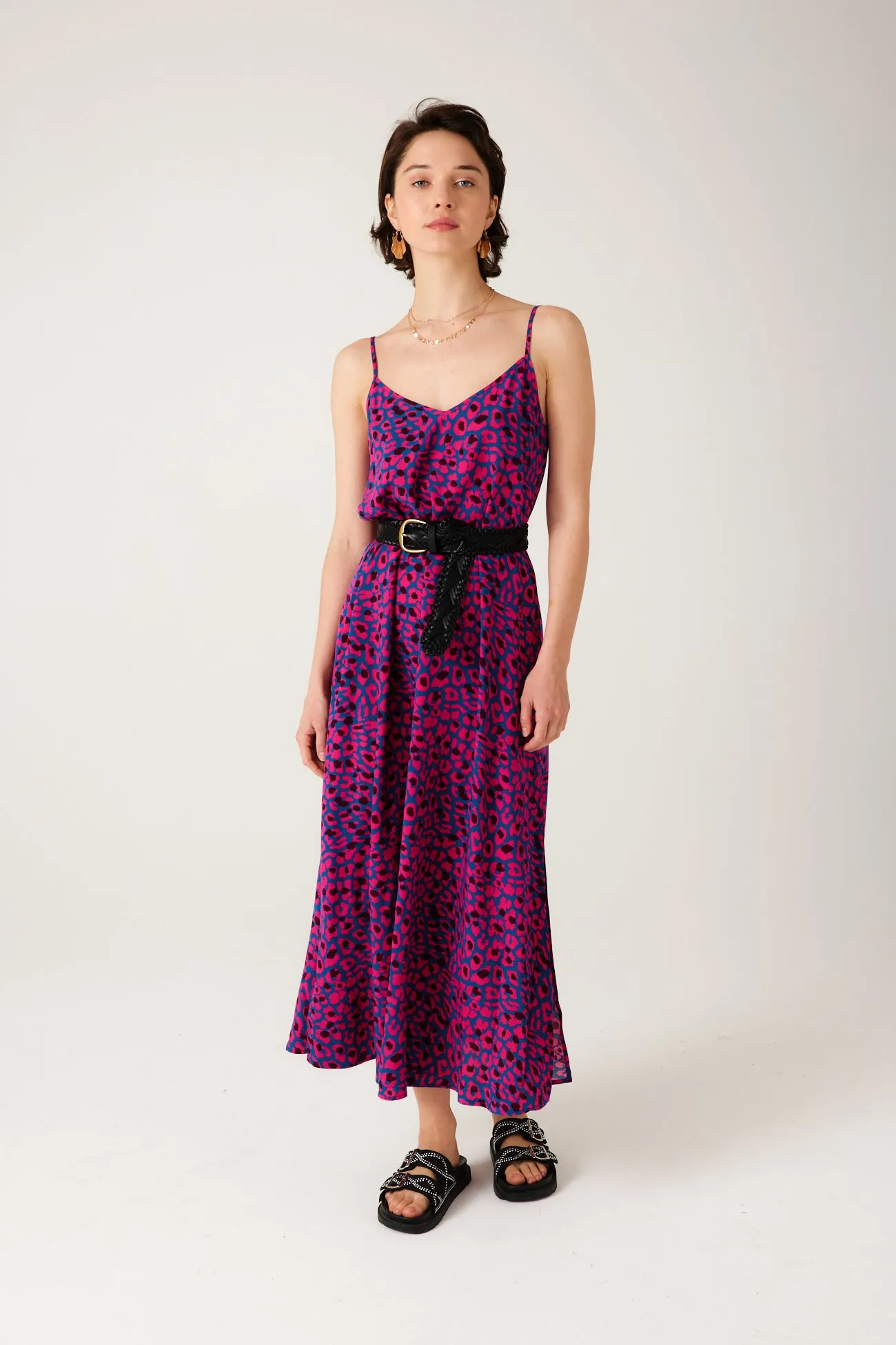 Robe longue à bretelles - Imprimé rose