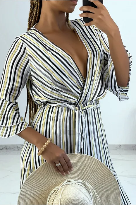 Robe longue à rayures jaunes et manches 3/4 à volants style vintage
