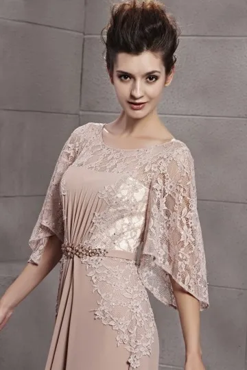 Robe soirée plissée longue encolure bateau à manche courte en dentelle avec la ceinture - Robedesoireelongue.fr