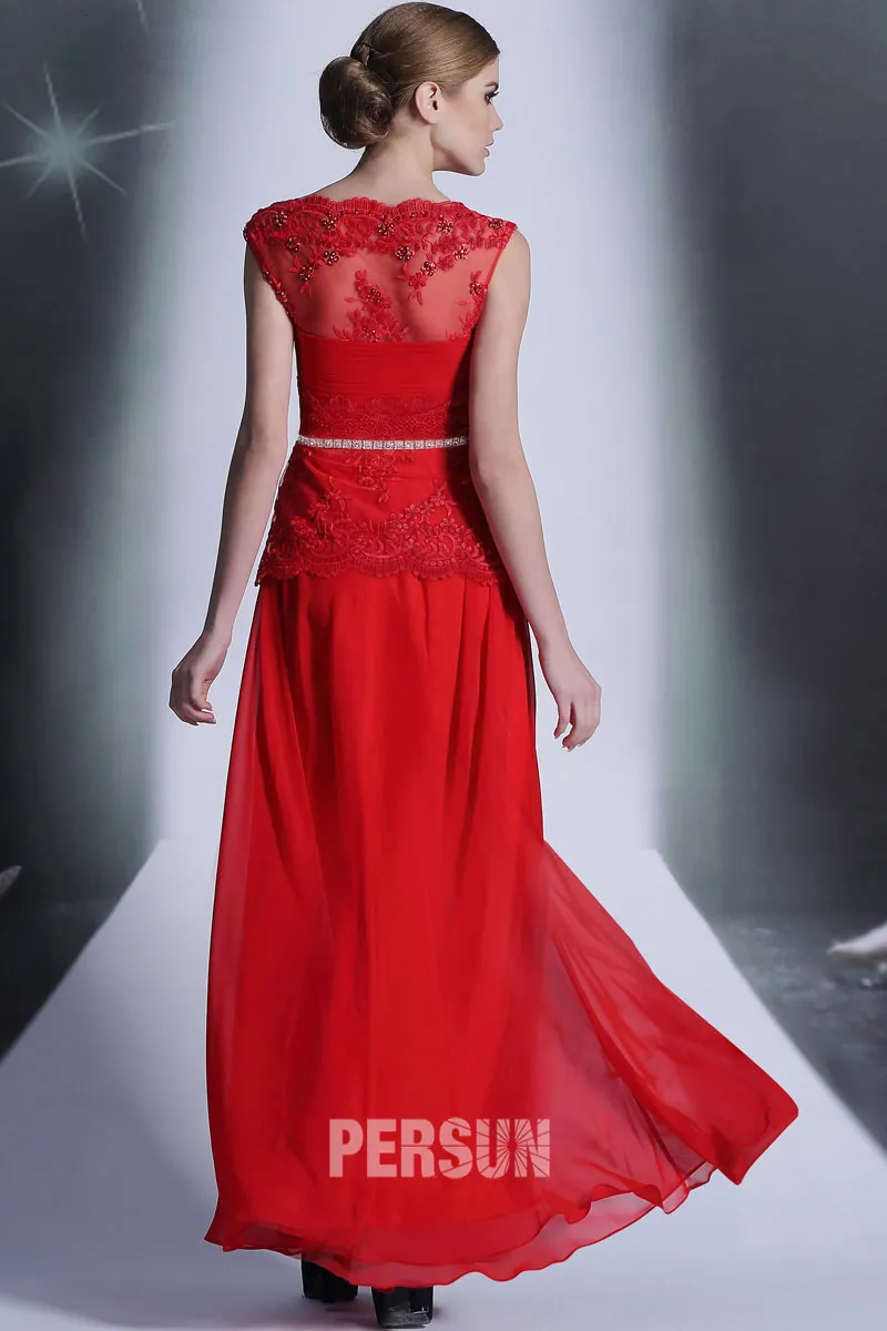 Robe soirée rouge longue à encolure bateau
