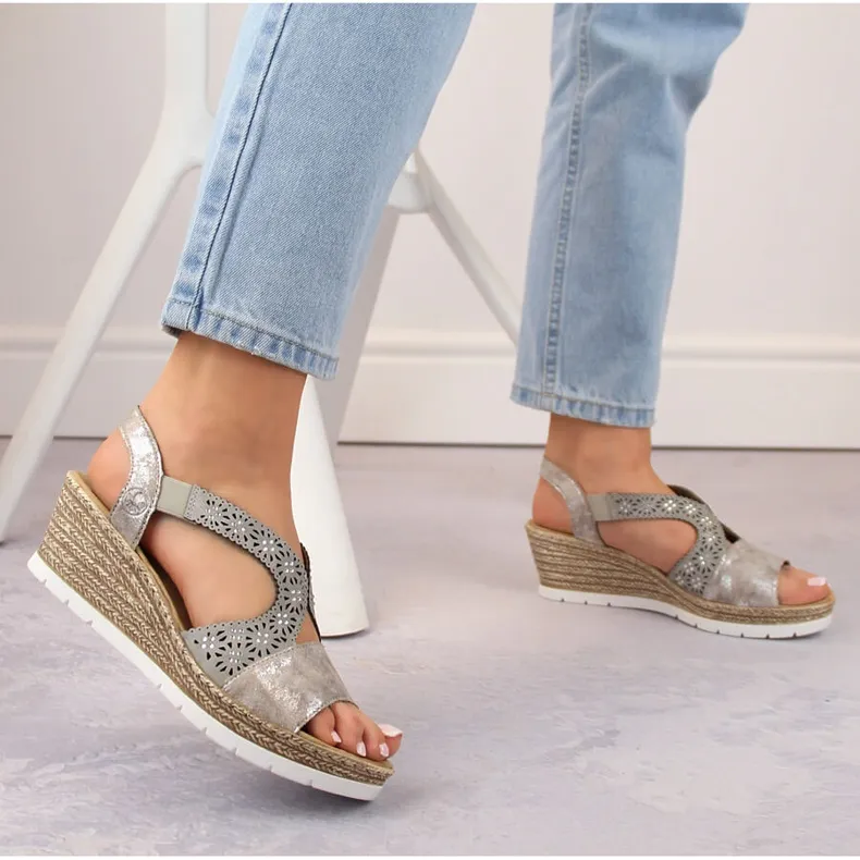 Sandales compensées confortables à enfiler pour femmes multi Rieker 61916-91 beige
