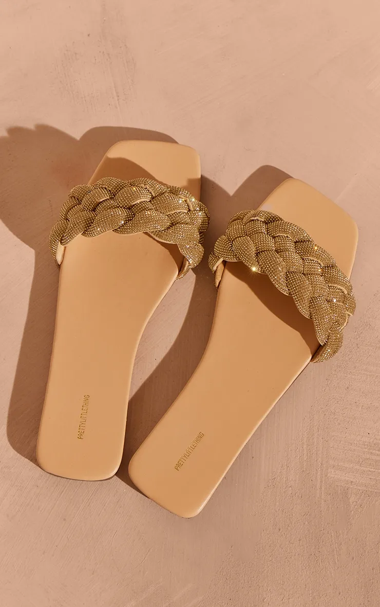 Sandales à enfiler plates en PU doré à bout carré et brides strassées
