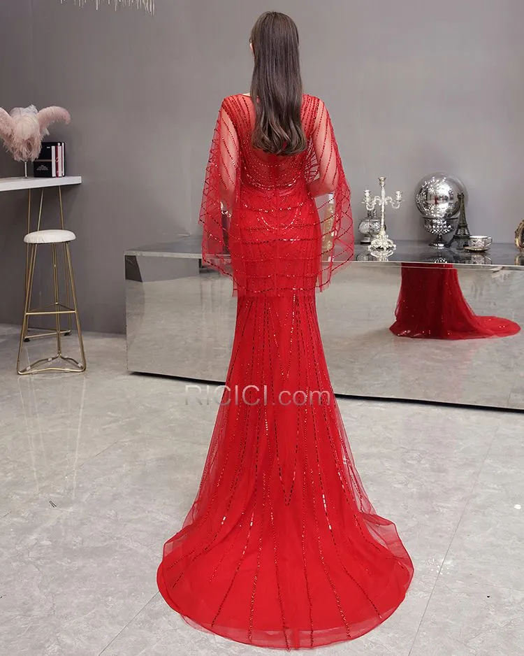 Strass 2020 Luxe Robe Gala Sequin Rouge Robes De Soirée Fiancaille Longue Sirène Avec La Queue Brillante
