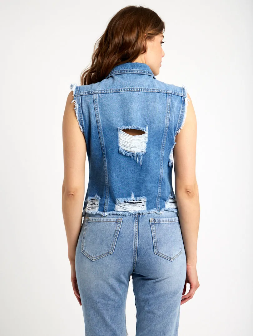 Veste en jean sans manches à ourlet effet destroy